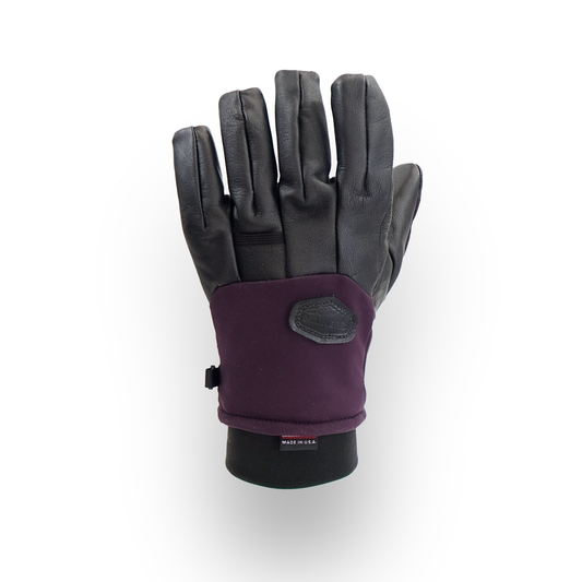 Pair of gloves with purple cuff on a white background