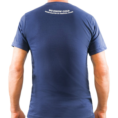 The back view of a man wearing a Mainers Cotton Tee navy crew neck t-shirt.