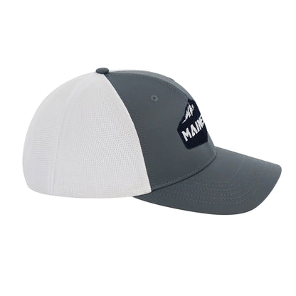 A comfortable grey and white Mainers Trucker Hat.