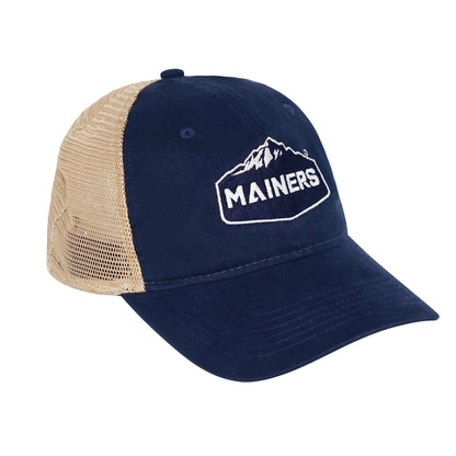 A navy and tan cotton twill Mainers trucker hat with the word "Mainers" on it, featuring a mesh back.