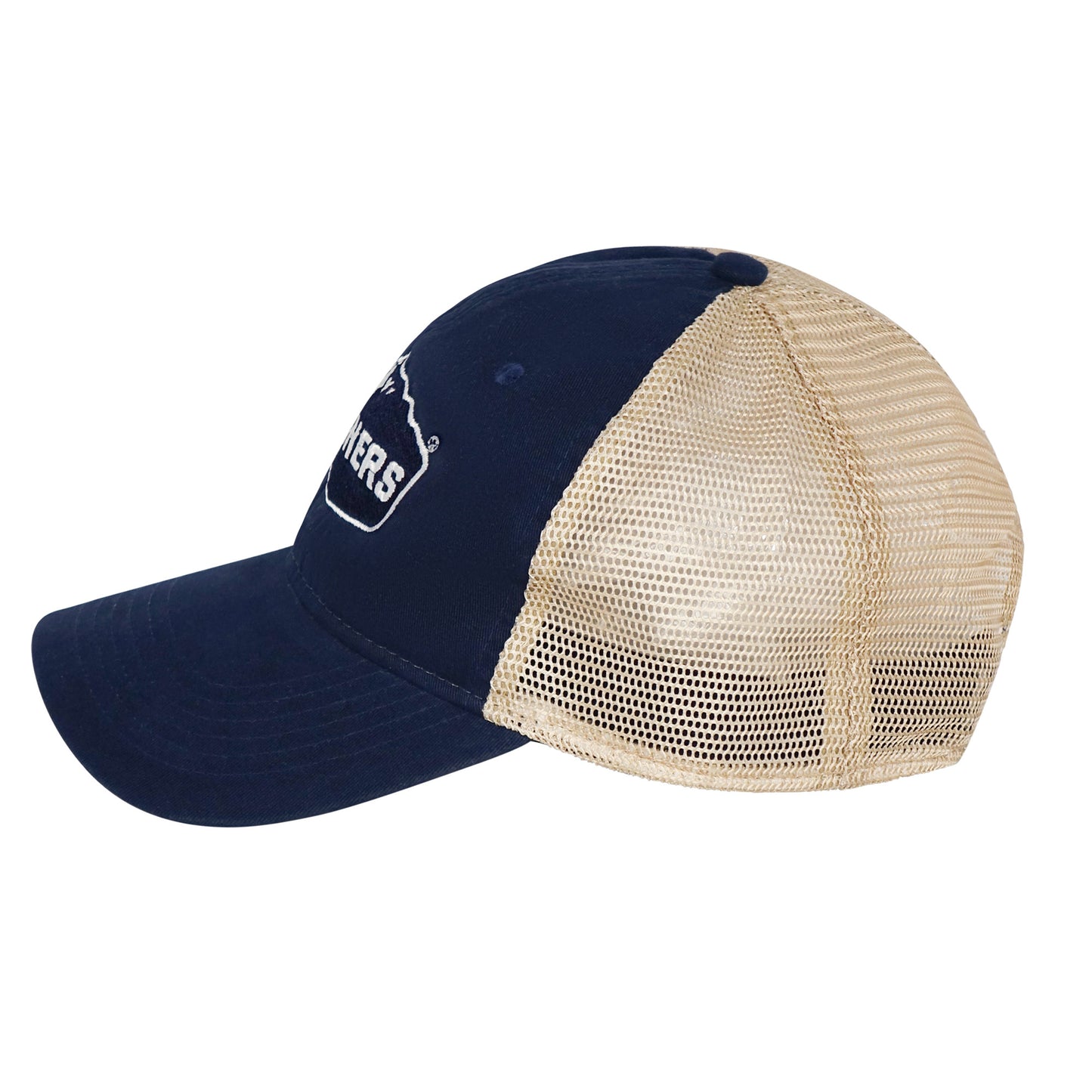 A blue and tan low-profile Mainers ball cap.