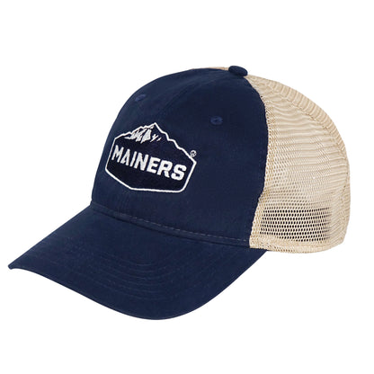 A navy and tan cotton twill Mainers Ball Cap trucker hat with a mesh back and the words "Mainers" on it.