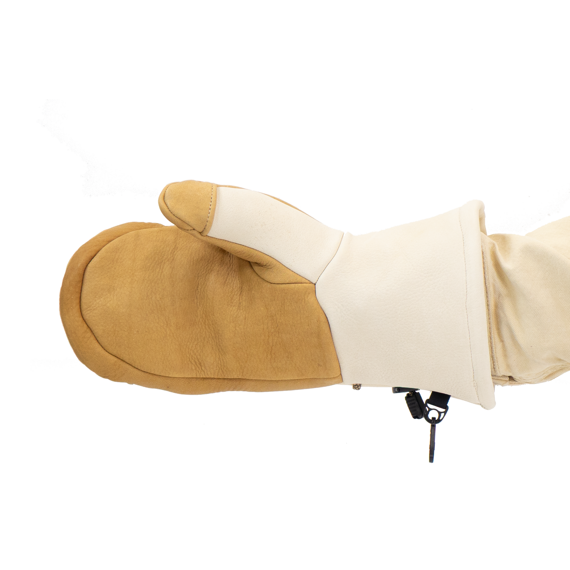 Brown and beige insulated mitten on a white background