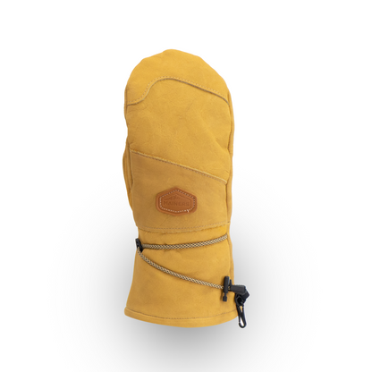 Tan mitten with a brand logo on a white background