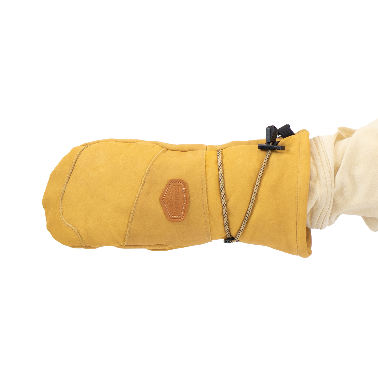 Tan insulated mitten with a white sleeve on a white background