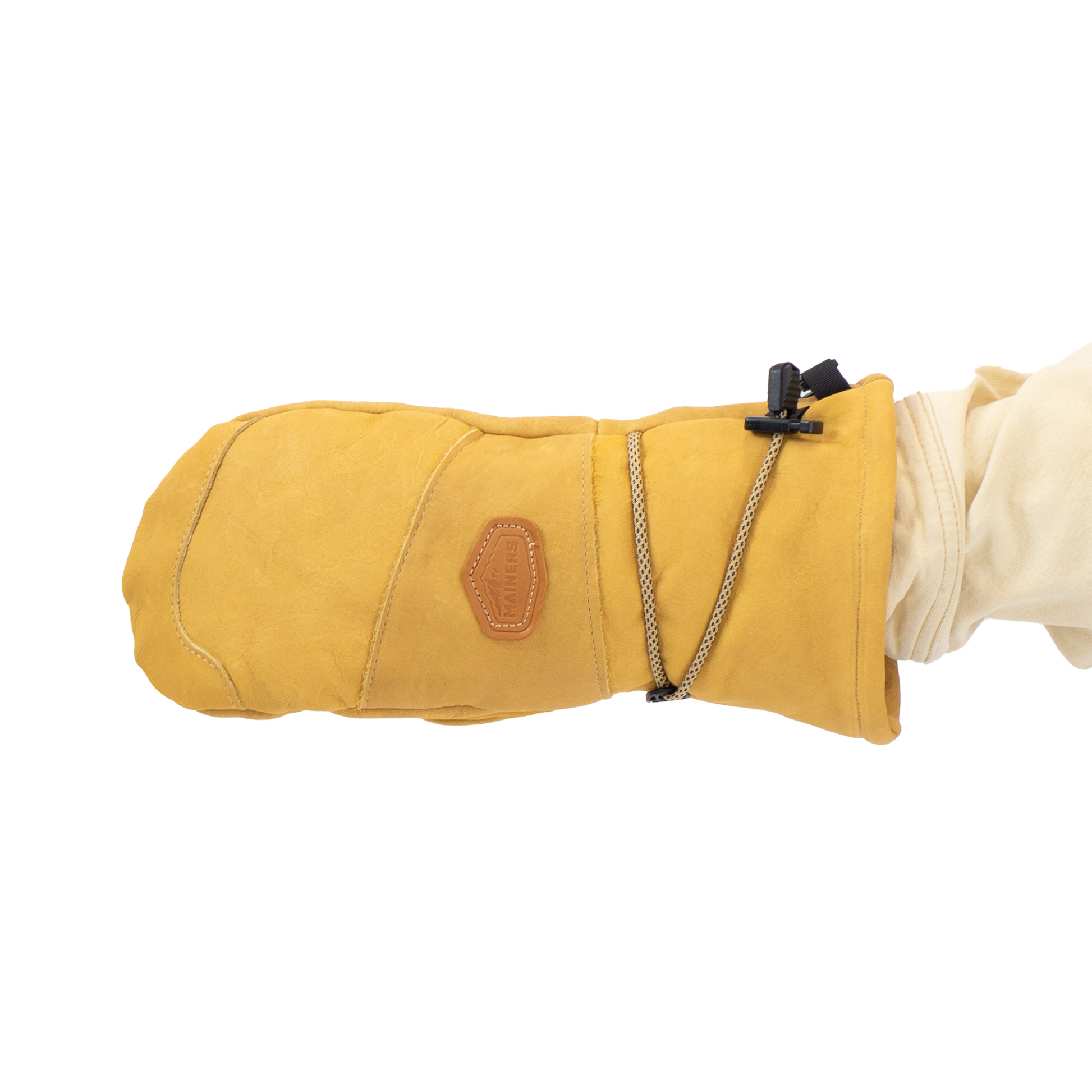 Tan insulated mitten with a white sleeve on a white background