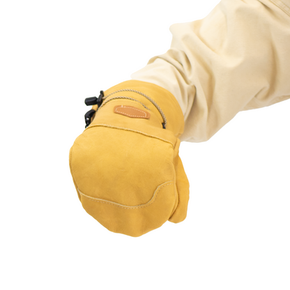 Tan mitten with a beige sleeve on a white background