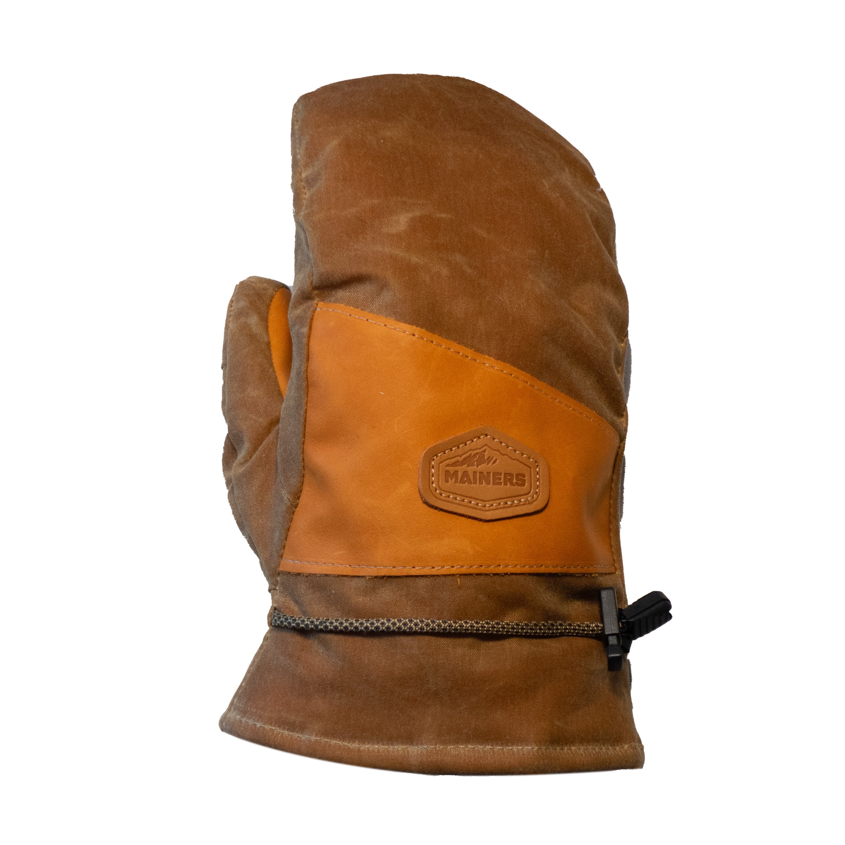 A brown and orange mitten with a zipper.