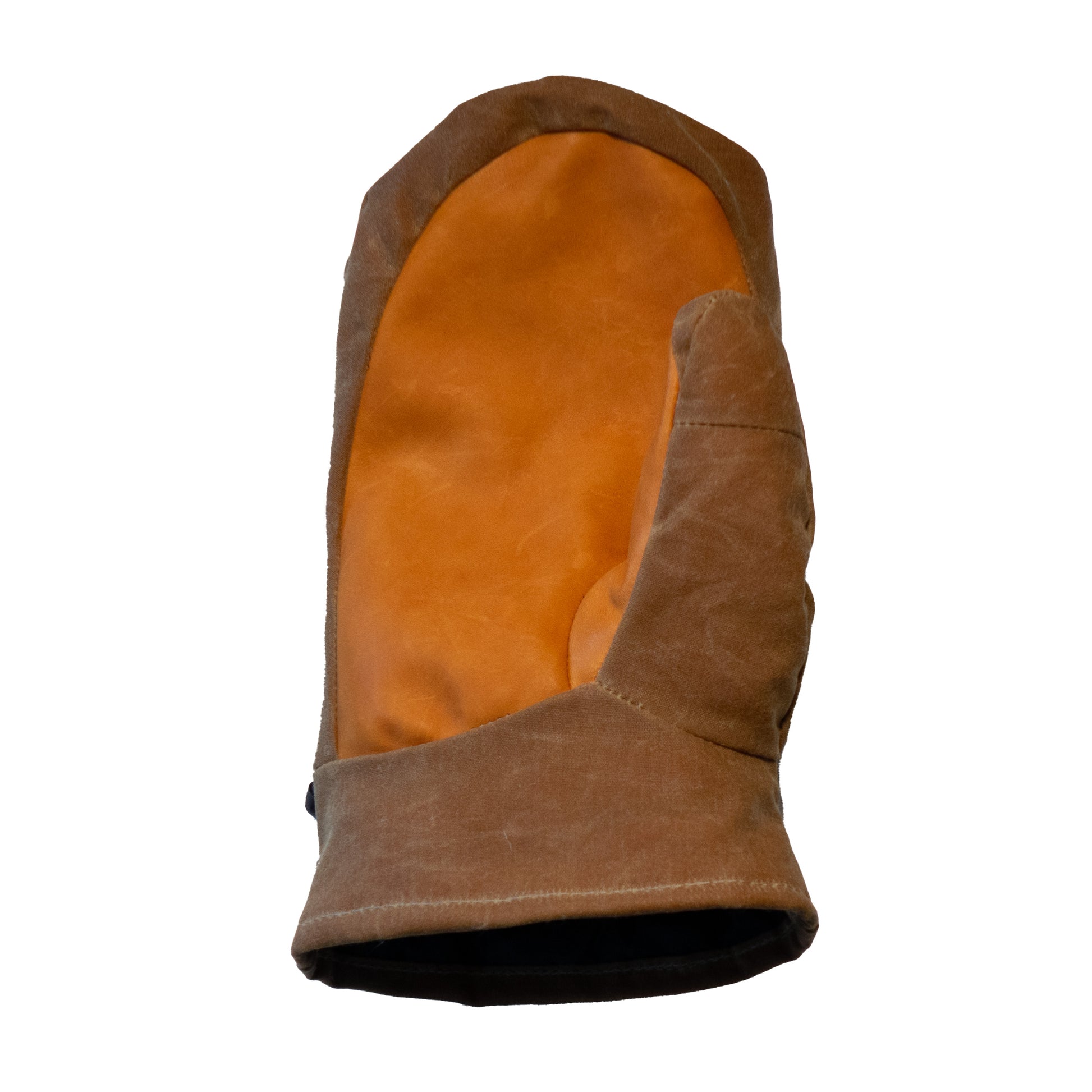 A brown leather Mainers Peaks Mitt on a white background.