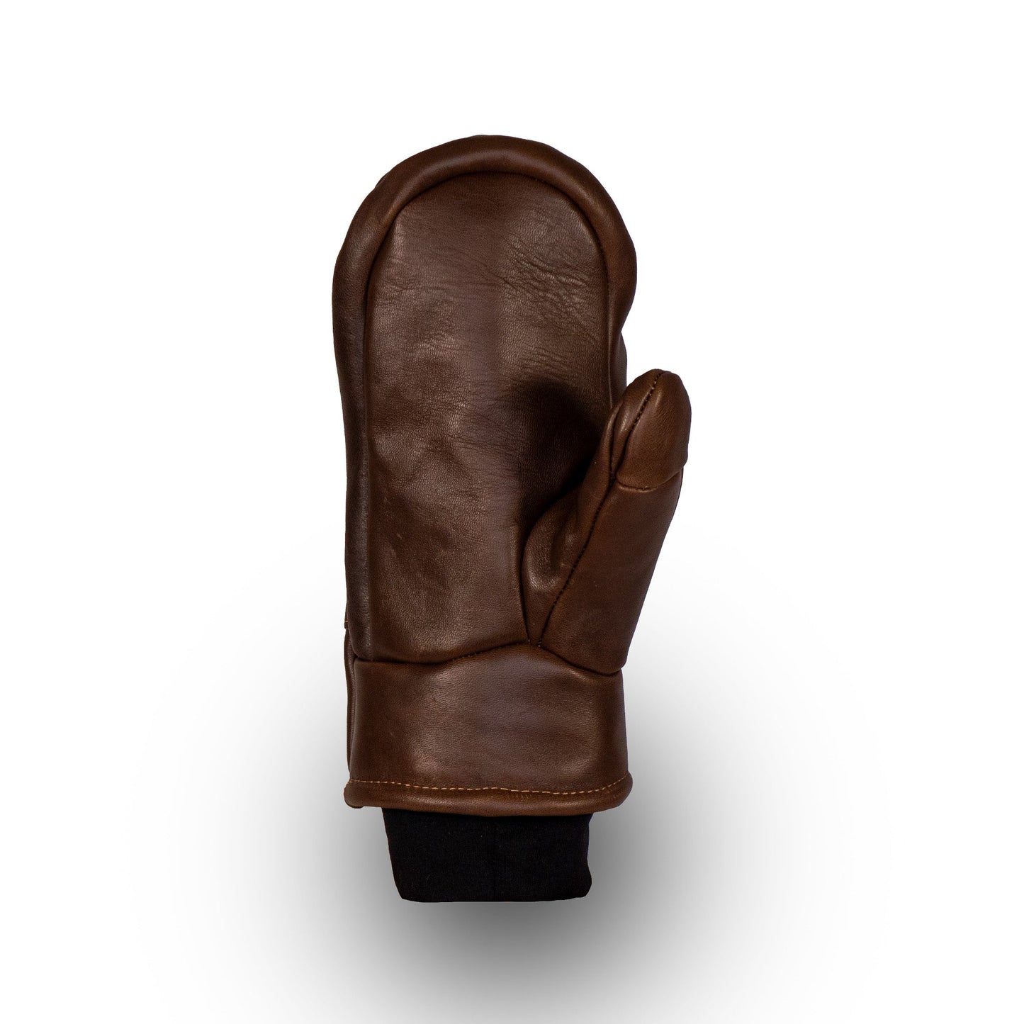 The Peaks All-Leather Mitts by Mainers boast high-quality brown leather construction with a distinct thumb section and a black fabric cuff, making them ideal for cold-weather adventures. Displayed vertically against a white backdrop, they seamlessly blend style with practicality.