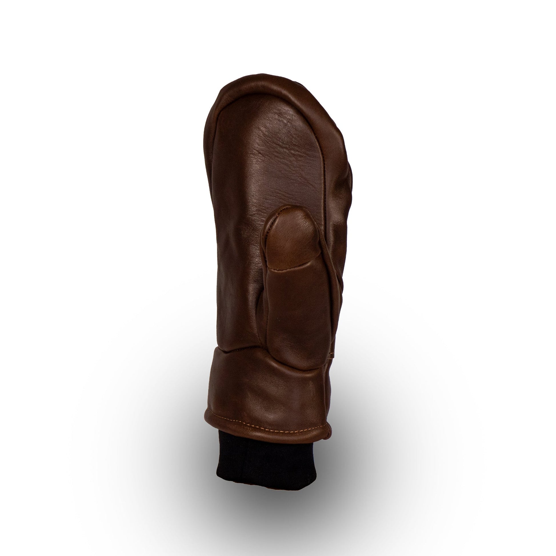 A single Peaks All-Leather Mitt from Mainers, made with high-quality brown leather, is showcased vertically against a white background. Ideal for cold-weather adventures.