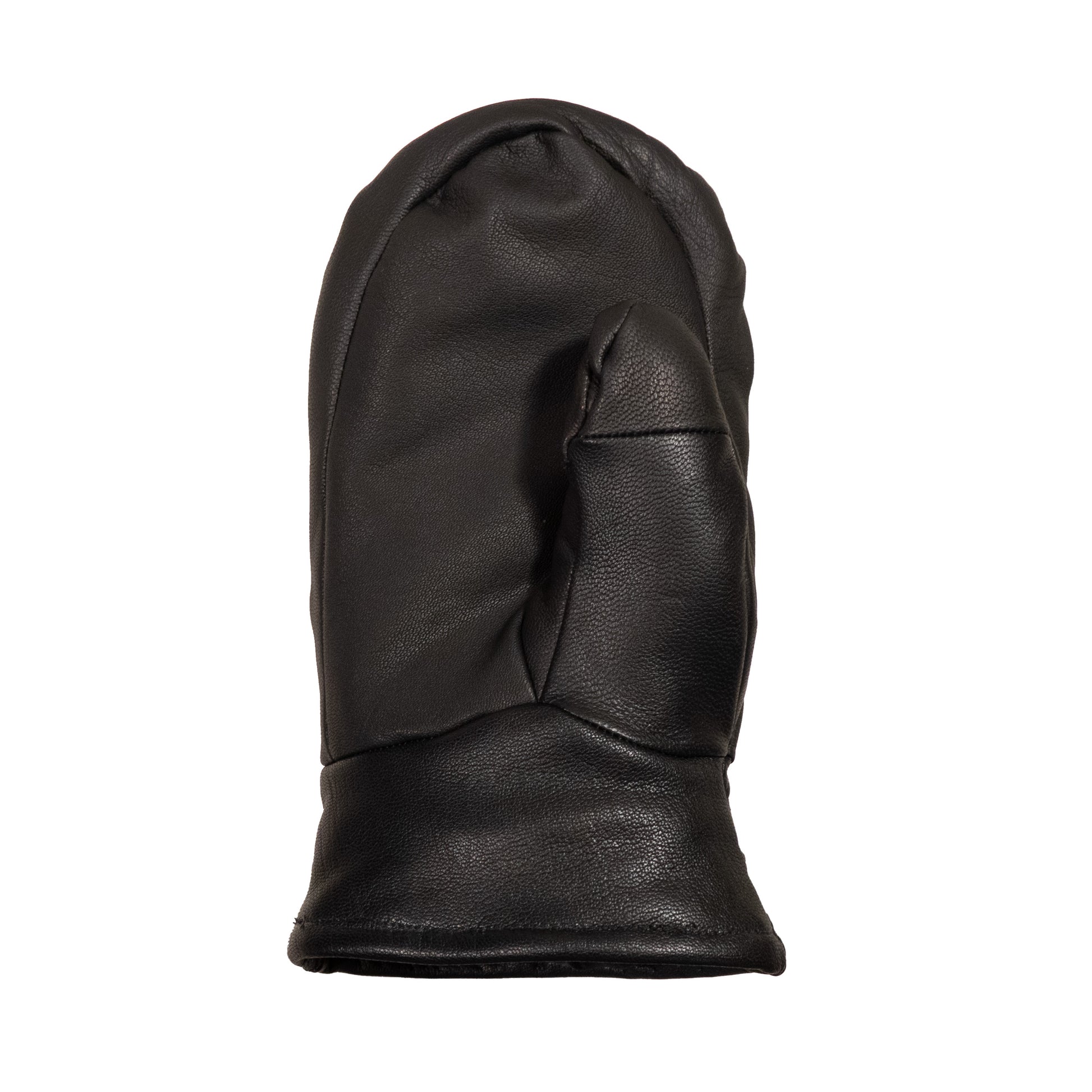A black leather Portland Mitts with a wool-fleece lining on a white background. (Mainers)