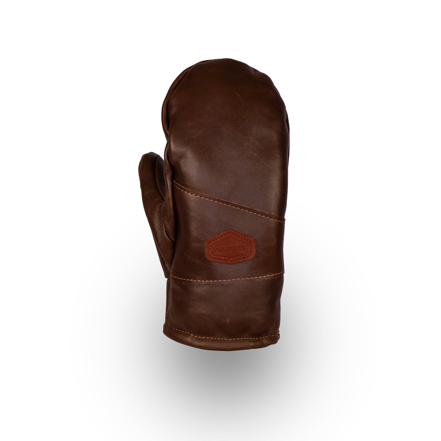Mainers' Portland All-Leather Mitts, featuring a rich brown leather exterior with a distinct dark patch on the back and lined with soft wool-pile, are elegantly displayed against a white background.