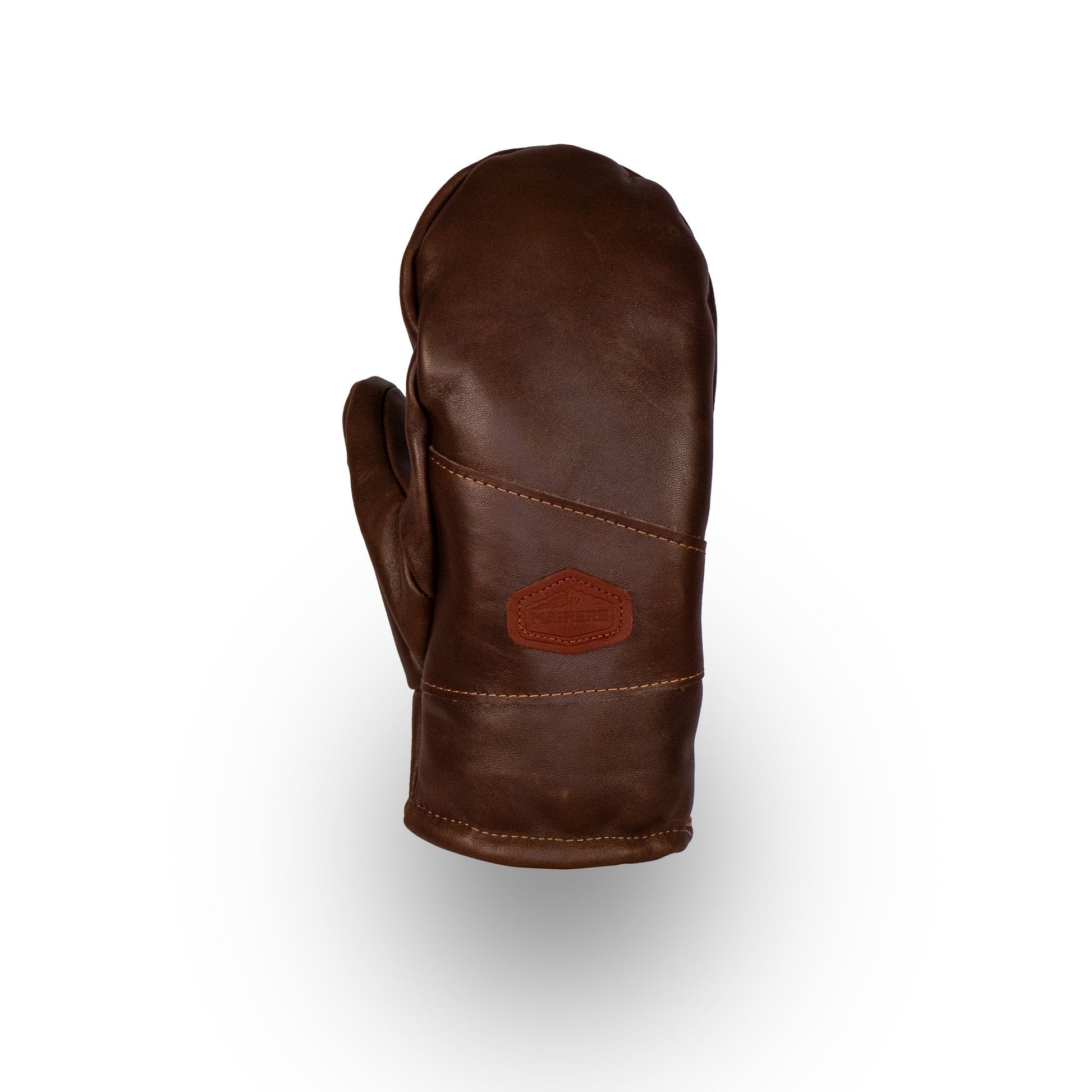 Mainers' Portland All-Leather Mitts, featuring a rich brown leather exterior with a distinct dark patch on the back and lined with soft wool-pile, are elegantly displayed against a white background.