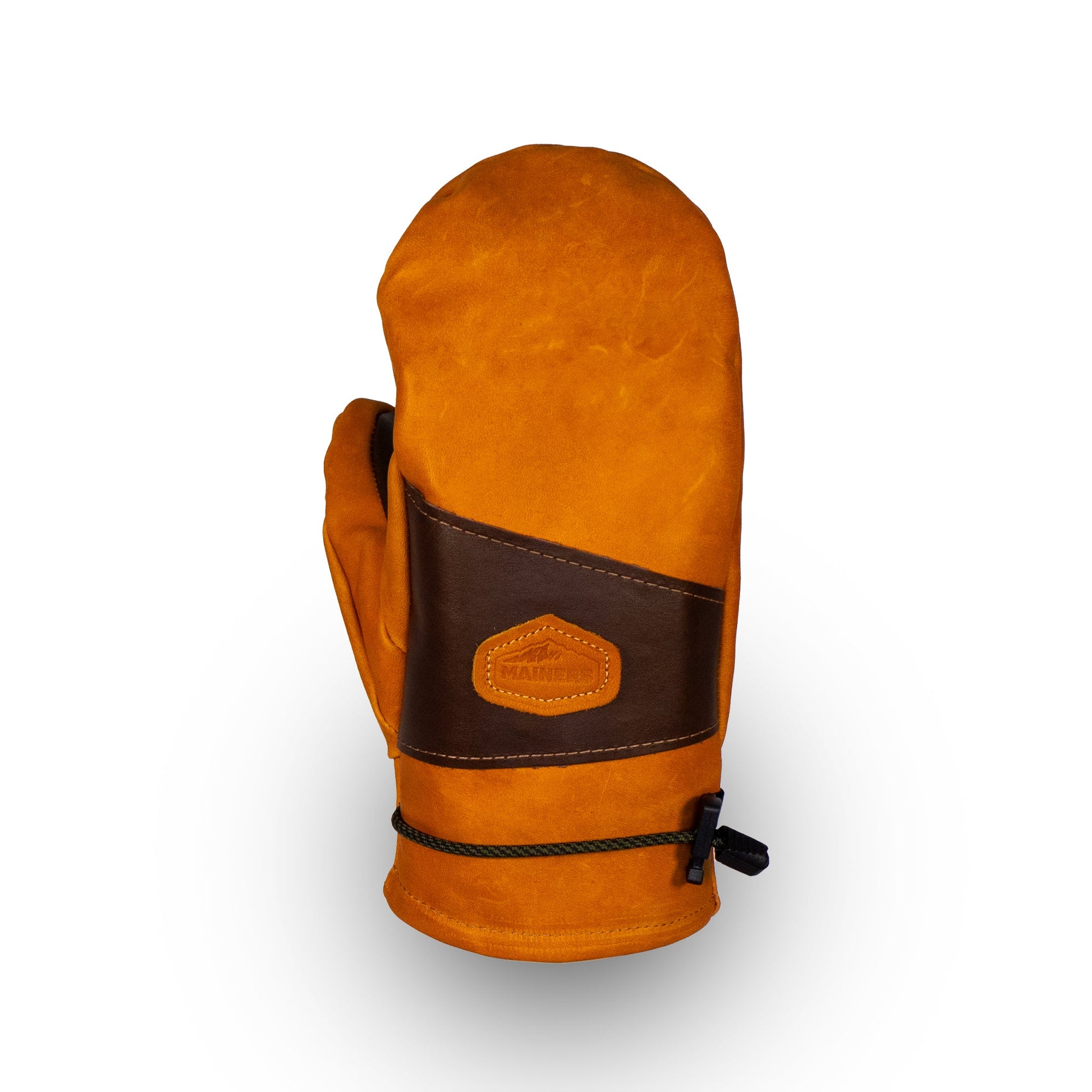 The Portland All-Leather Mitts by Mainers, featuring a single brown and orange leather design with a wool-pile lining and black adjustable strap, are displayed upright against a white background, exemplifying true Maine craftsmanship.