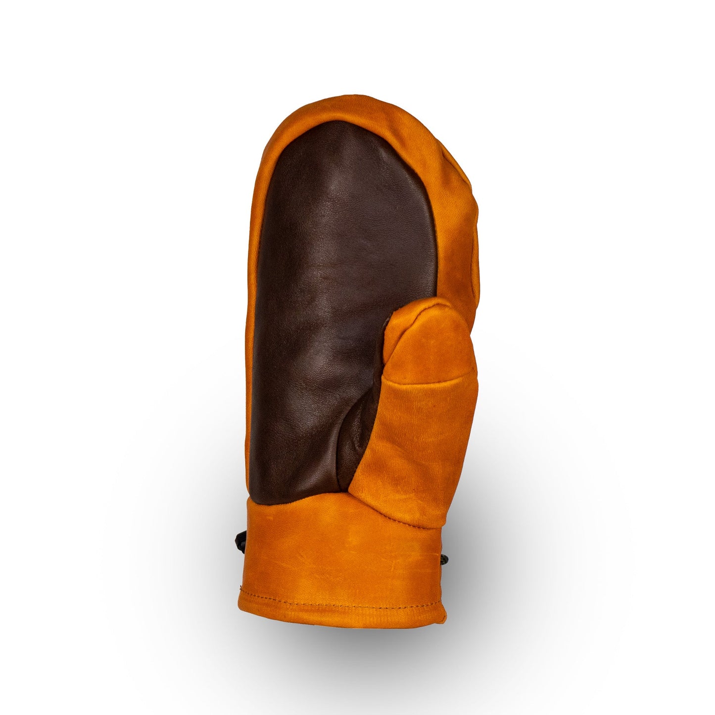 A single Portland All-Leather Mitt in brown and orange, crafted by Mainers, showcasing exquisite Maine craftsmanship.
