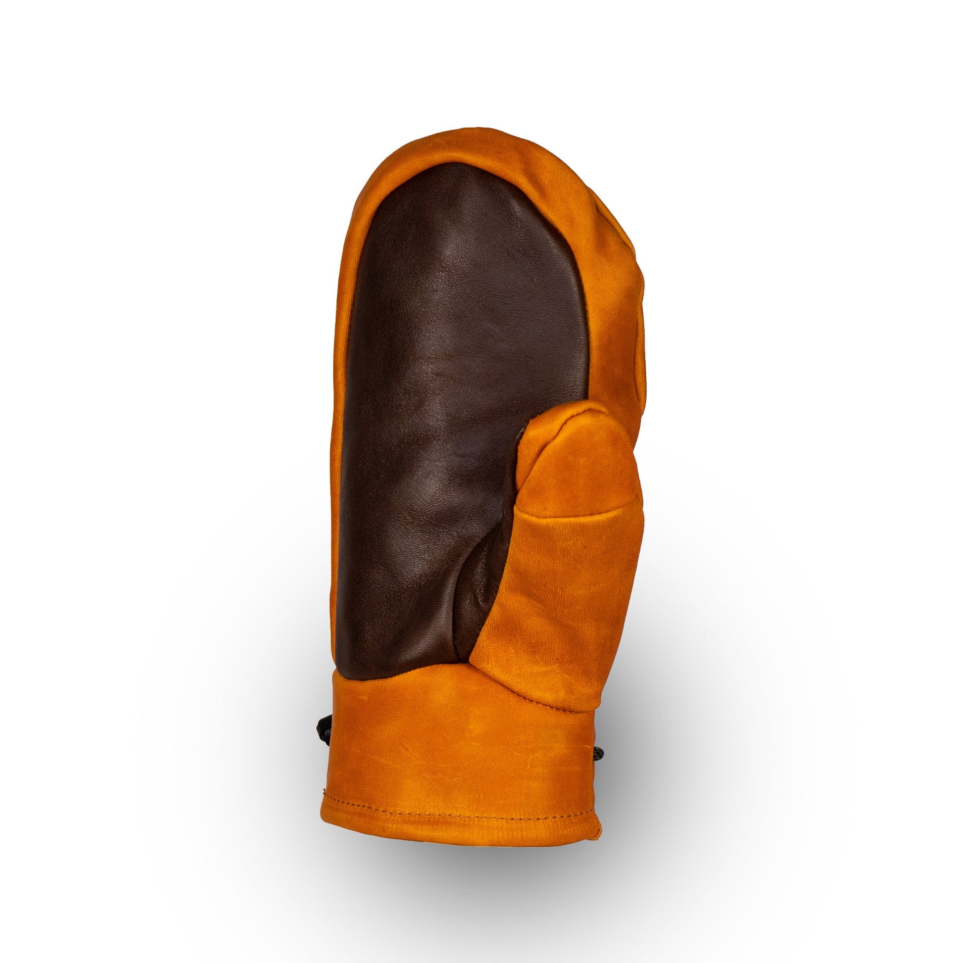 A single Portland All-Leather Mitt in brown and orange, crafted by Mainers, showcasing exquisite Maine craftsmanship.