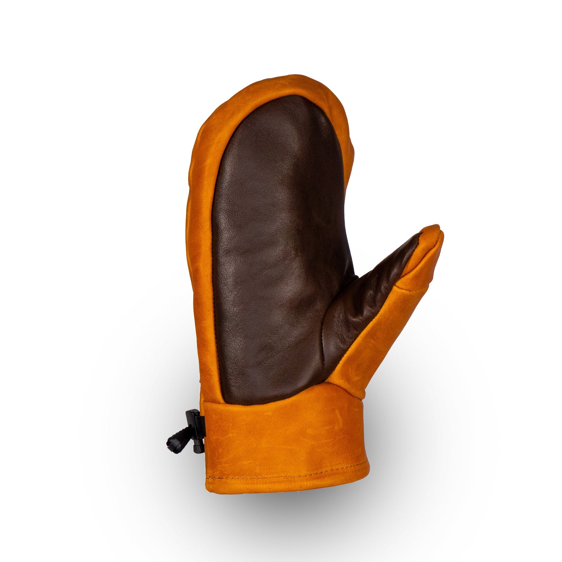 The Mainers Portland All-Leather Mitts highlight premium leather in rich brown and orange shades, featuring a practical drawstring. Set against a white background, they exemplify exceptional Maine craftsmanship.