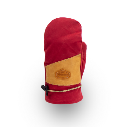 Red and tan insulated mitten on a white background