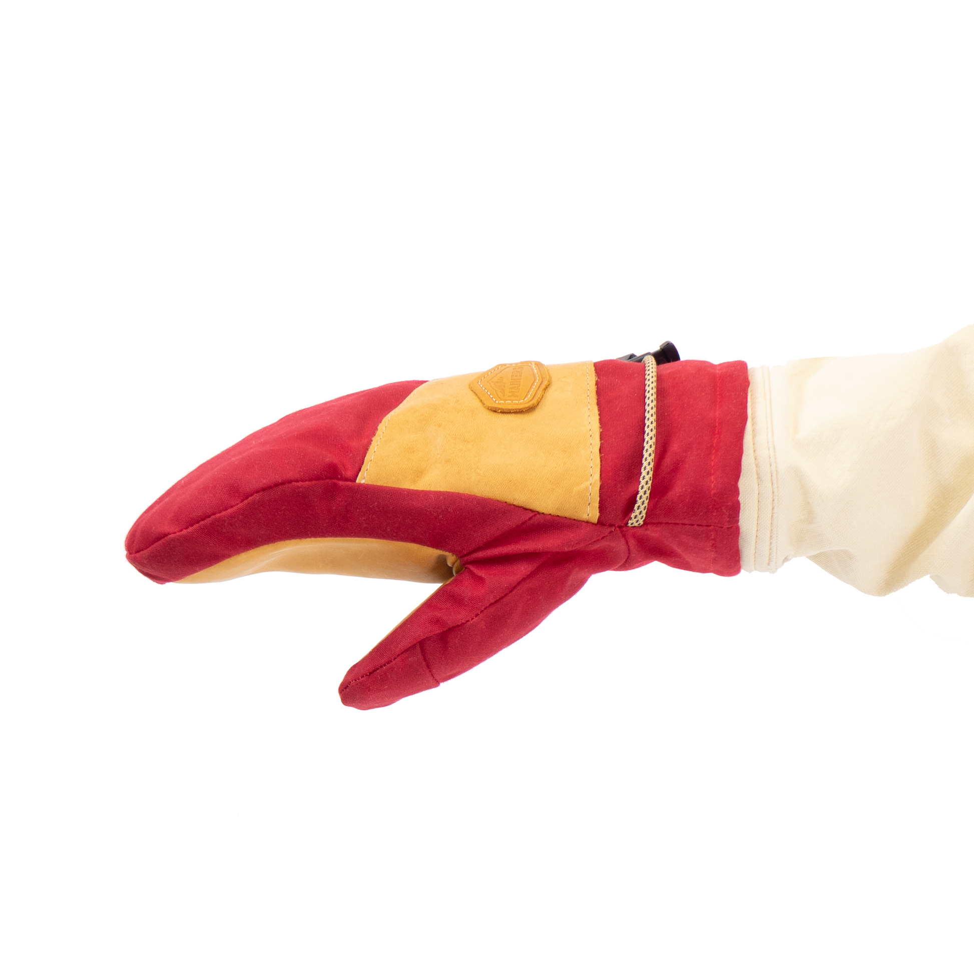 Red and tan mitten on a white background