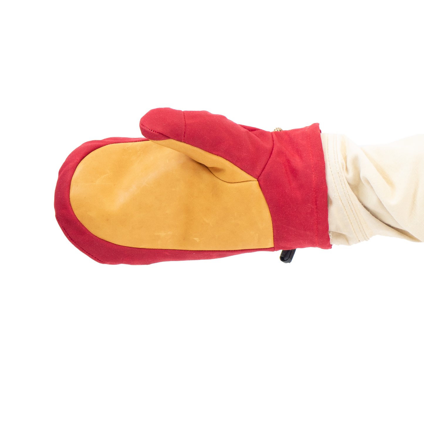 Red and tan mitten on a white background