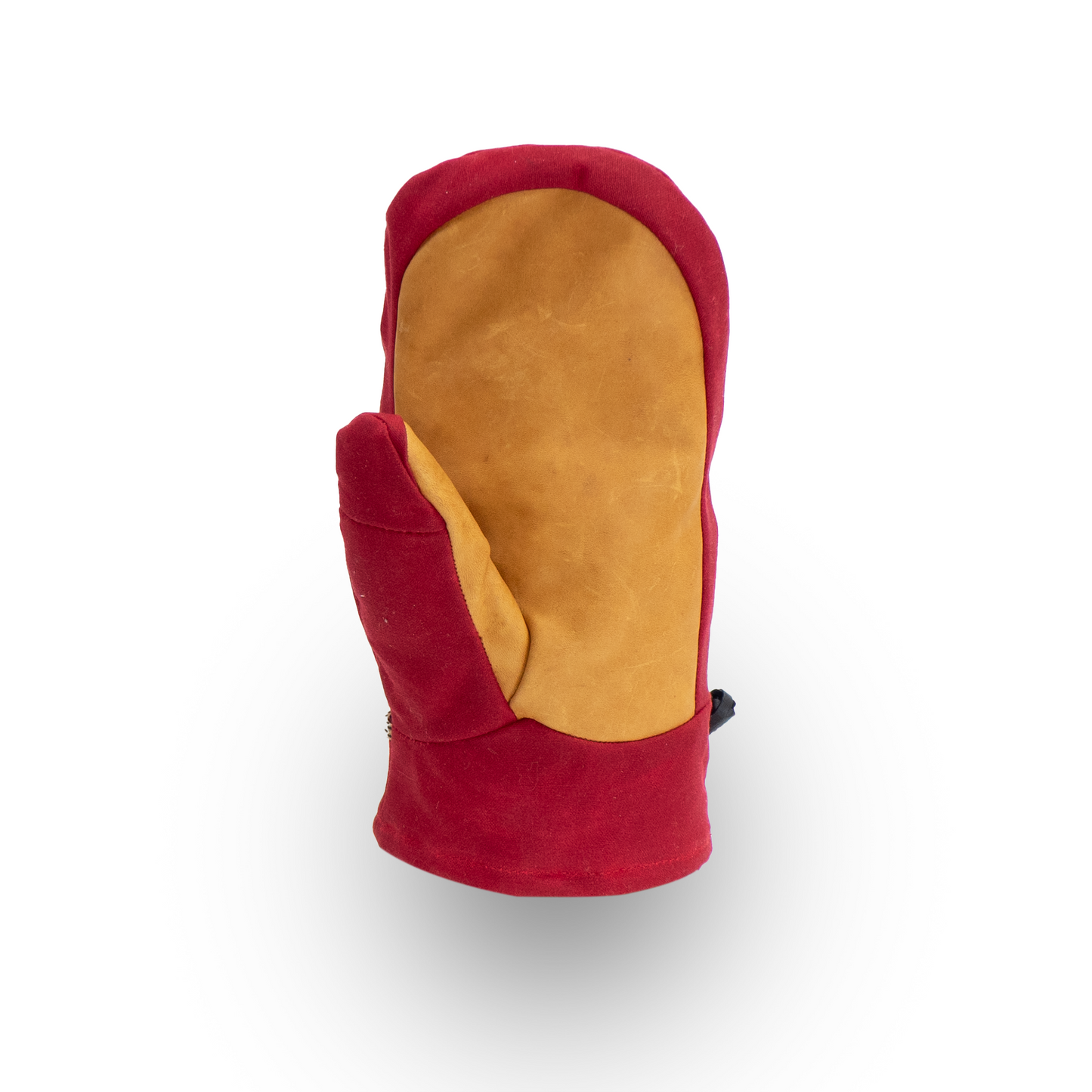 Red and tan insulated mitten on a white background
