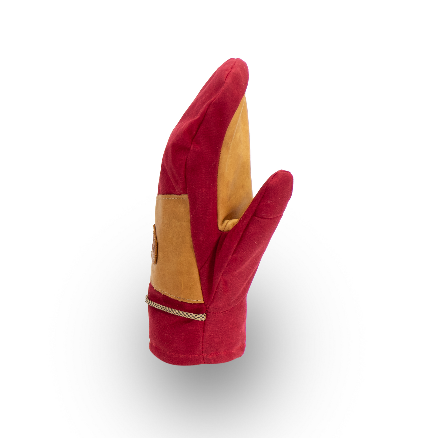 Red and tan mitten on a white background