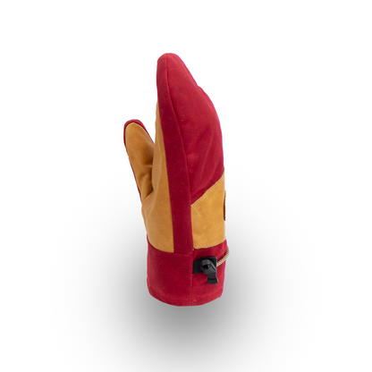 Red and tan mitten on a white background