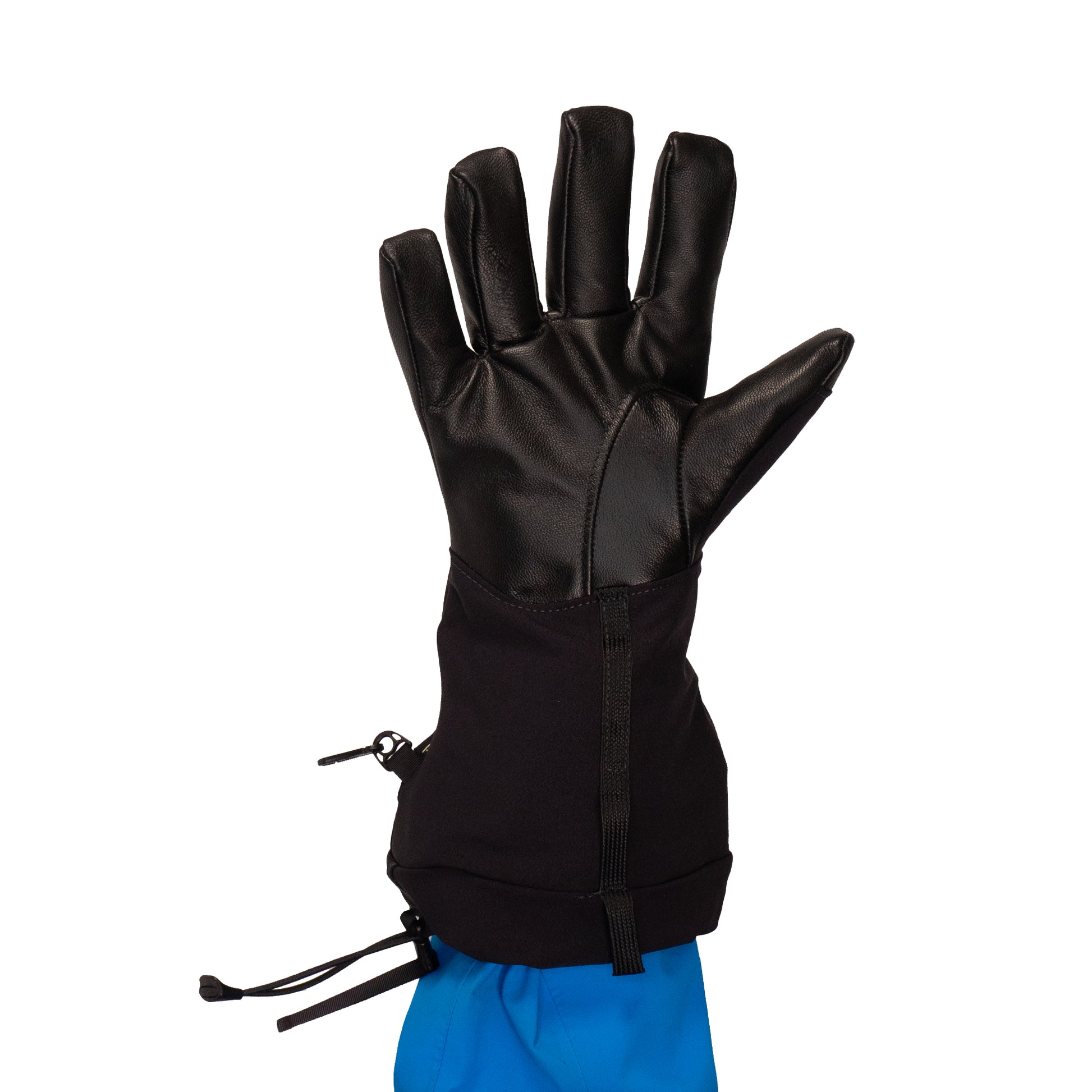 A Rangeley Glove by Mainers, featuring a black design with a distinctive blue cuff, is displayed upright against a white background.