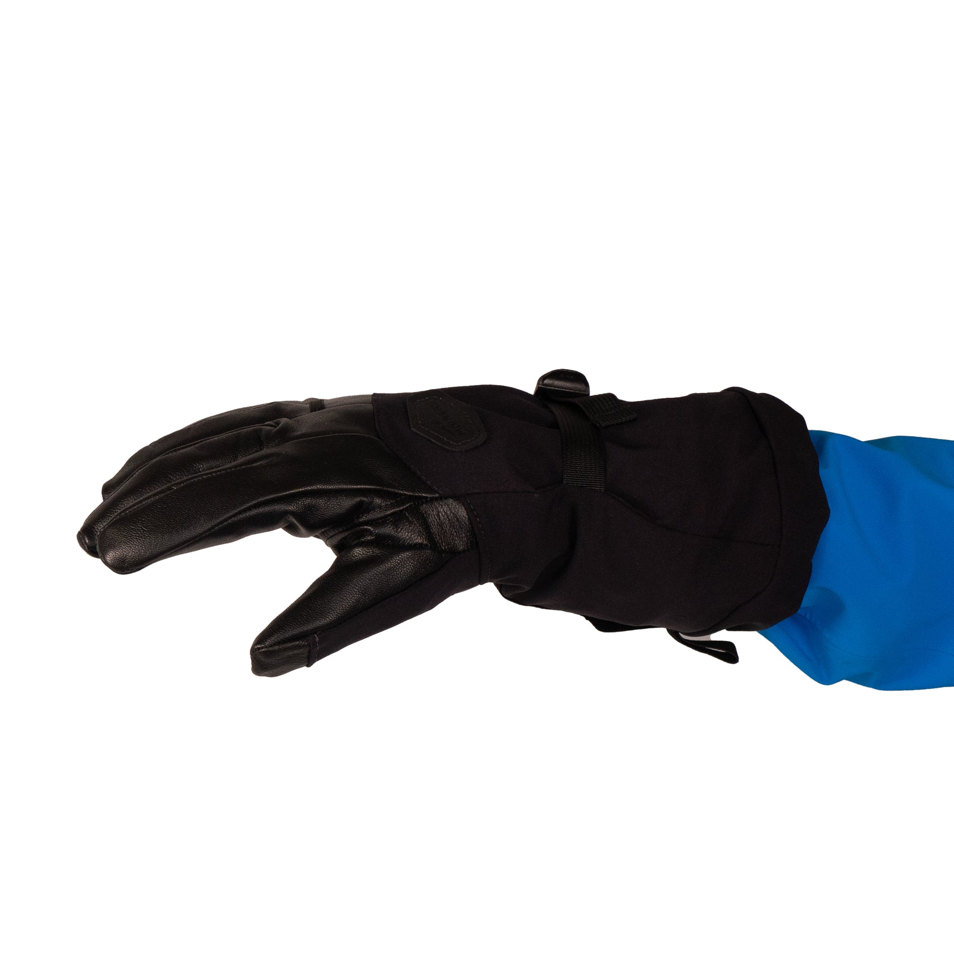 Against a white backdrop, a hand is adorned with the rugged Rangeley Glove by Mainers, featuring a striking combination of black and blue.