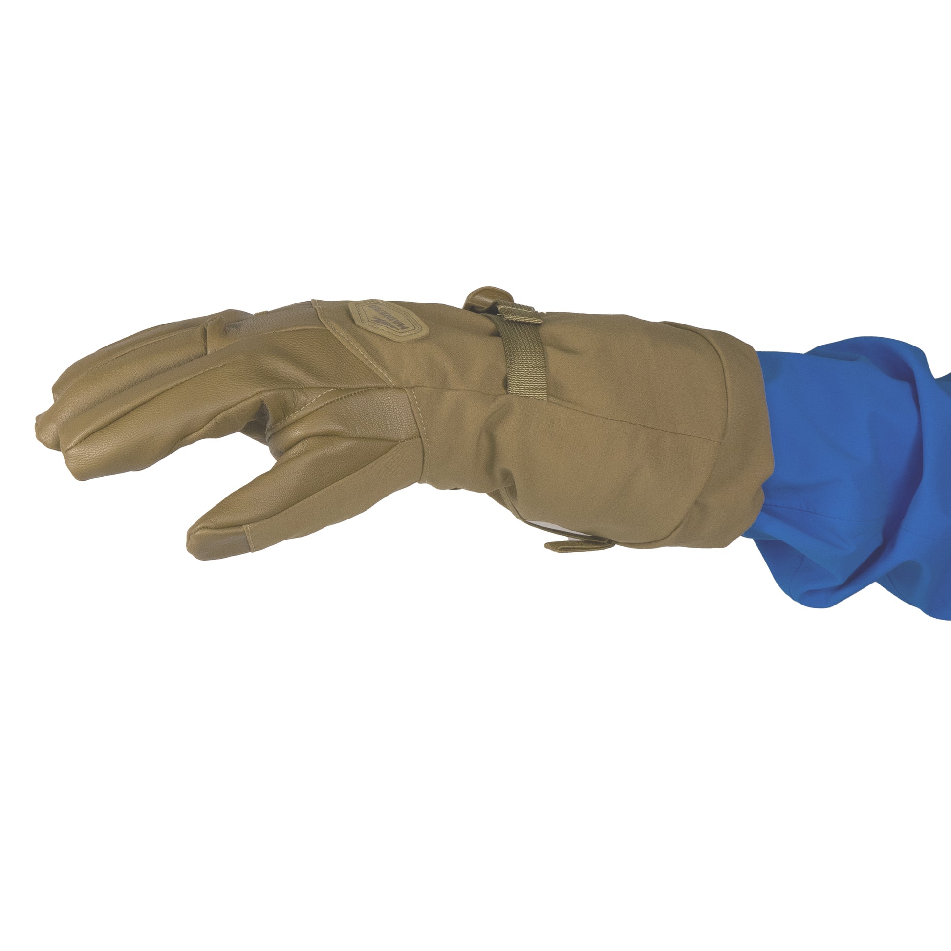 A Mainers Rangeley Glove, worn on an arm with a blue sleeve, is posed in a grasping position against a white background.