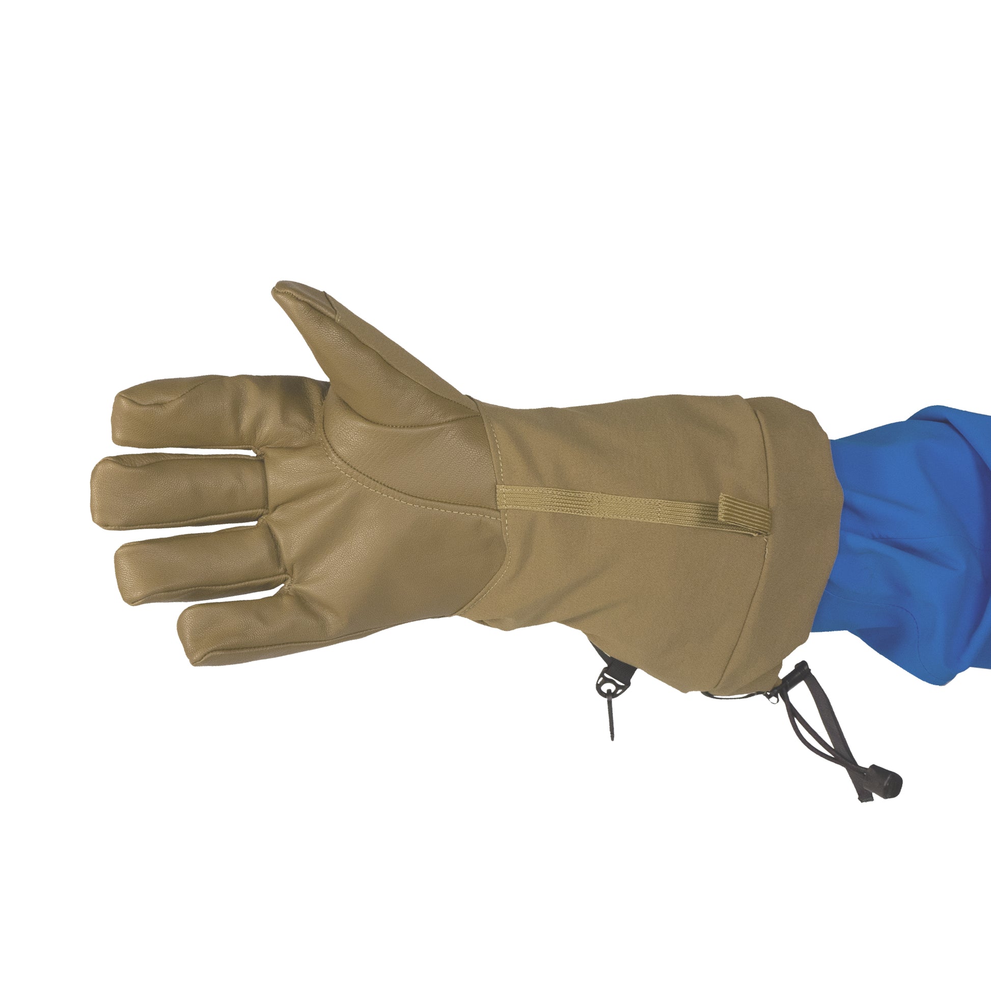 The brown Rangeley Glove by Mainers is shown on a blue-sleeved arm, with the palm facing up. It features an adjustable strap and drawstring closure at the wrist, making it ideal for exploring the wilderness of Maine.
