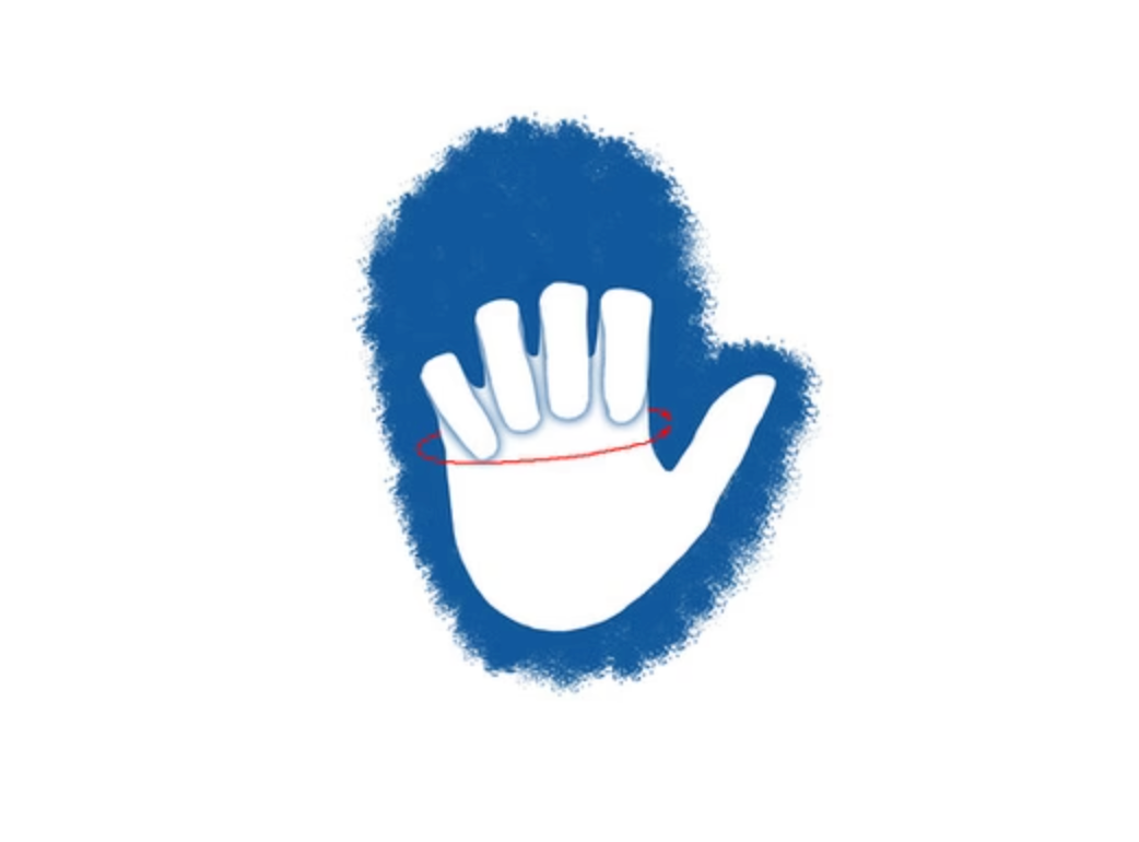 A blue hand with a red ring on it.