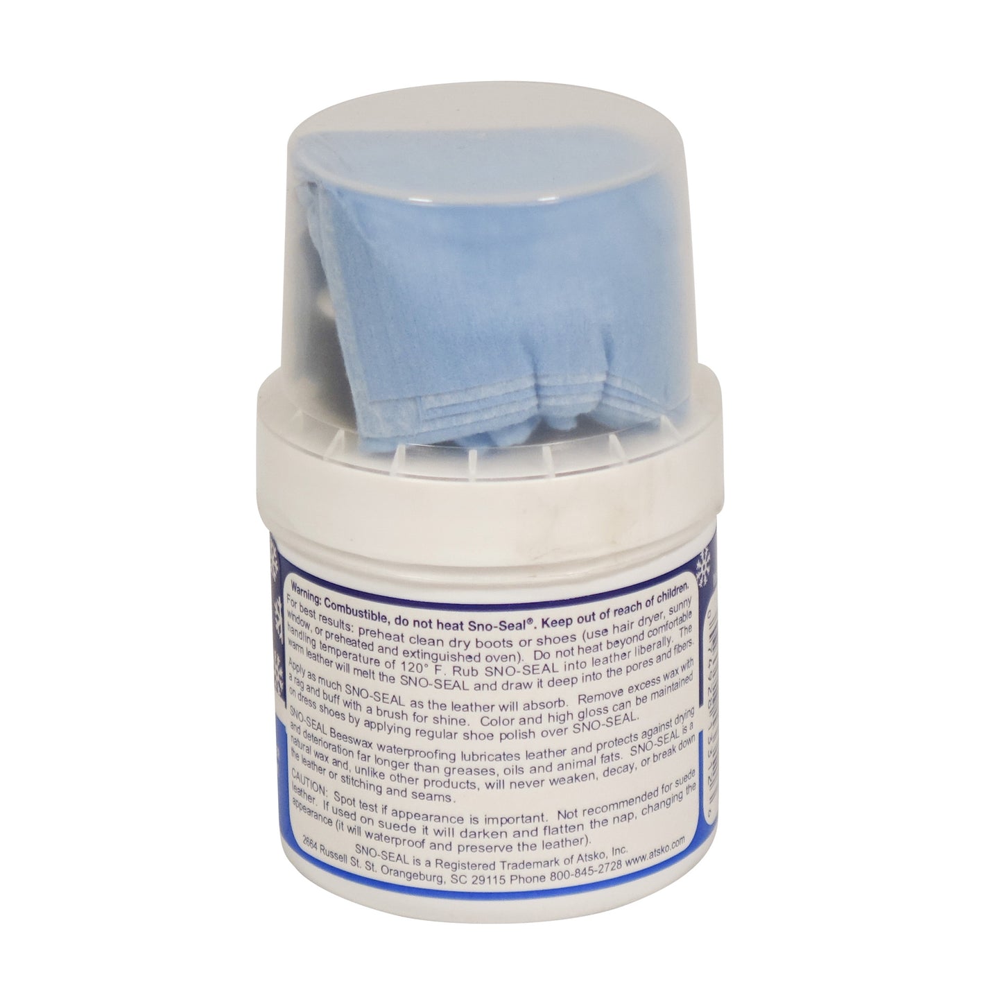 A jar of Mainers SNO-SEAL with Applicator, a blue cloth coated in beeswax for waterproofing.