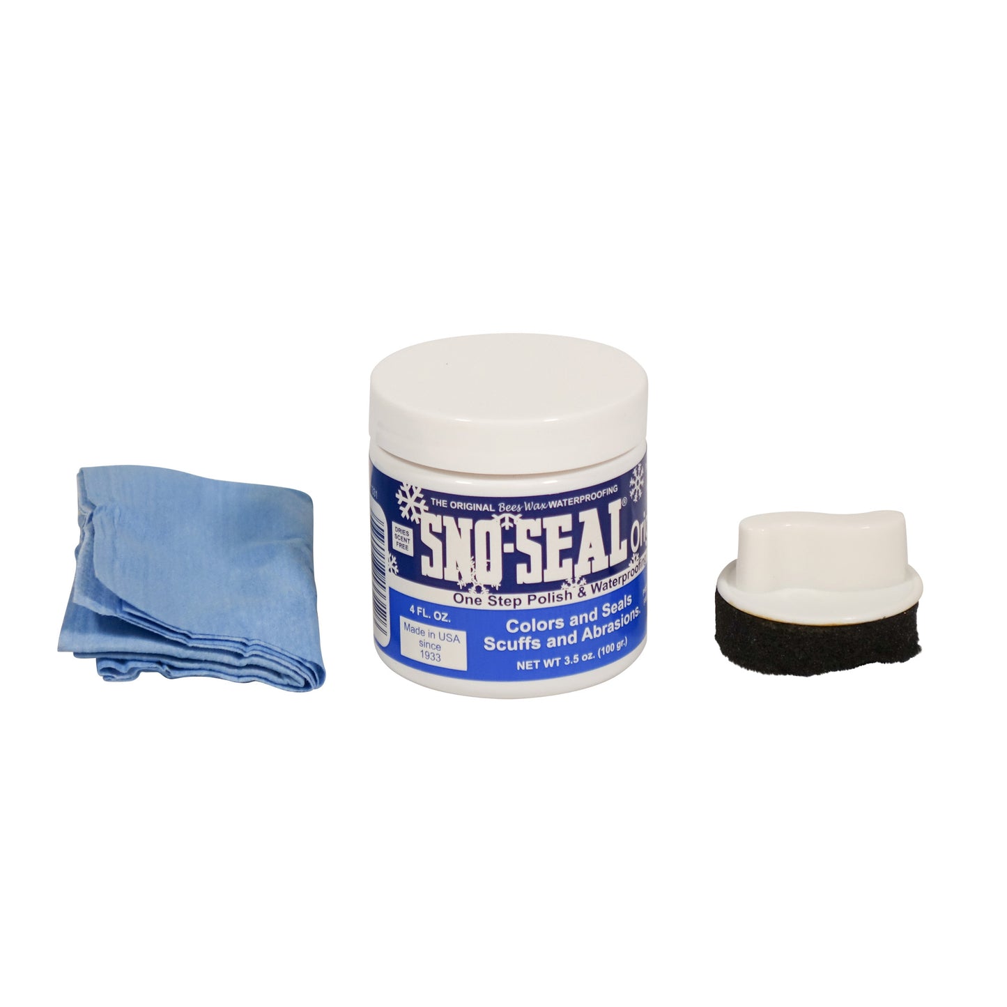 A jar of Mainers SNO-SEAL with Applicator beeswax sealant and a blue cloth.