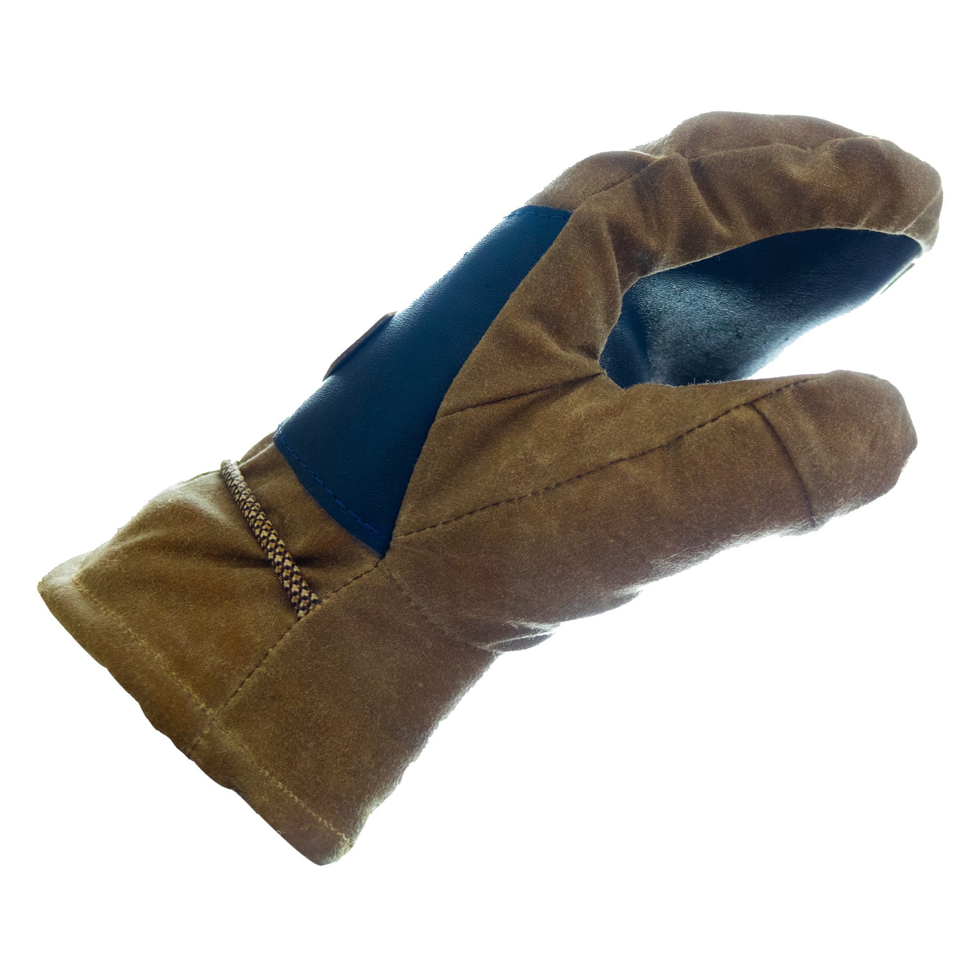 A pair of Peaks Mitts by Mainers with a blue lining.