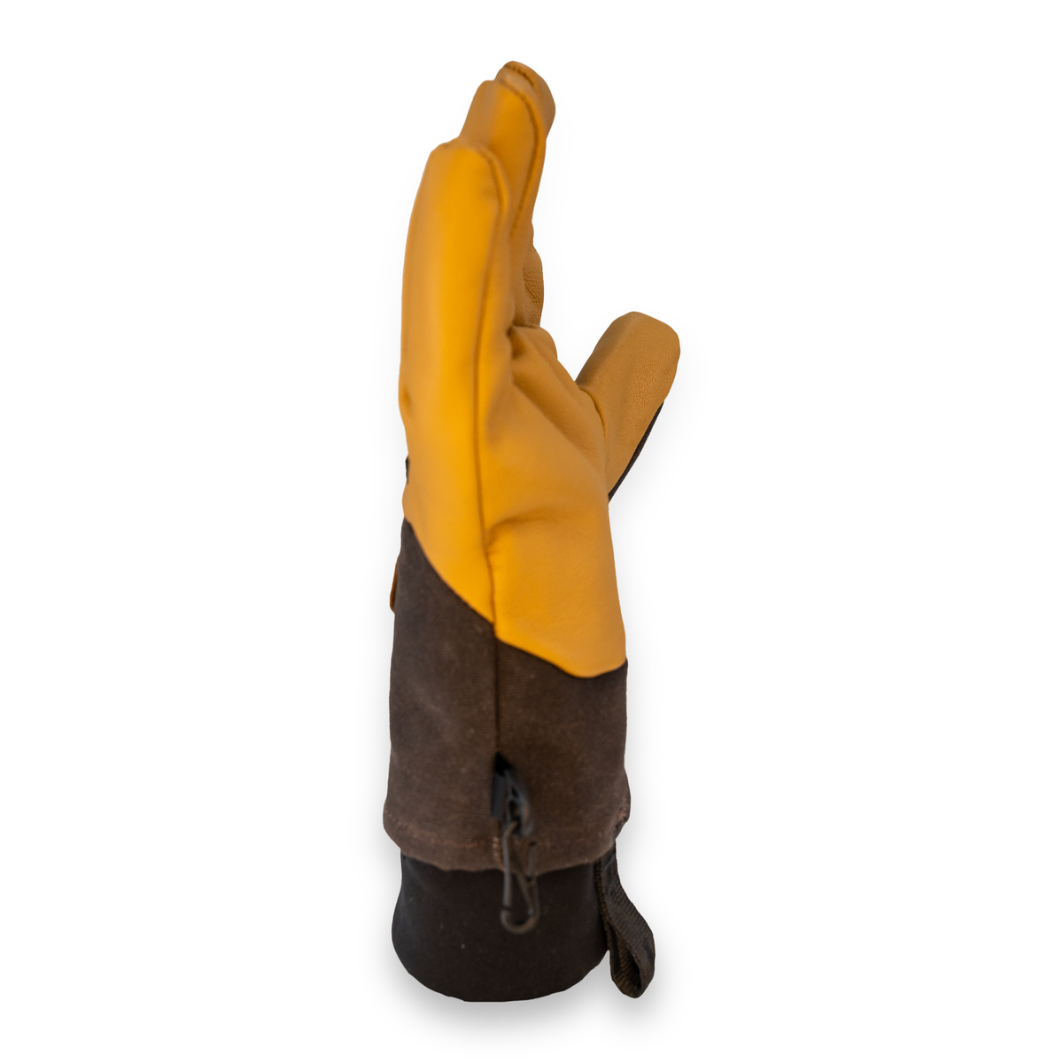 A single leather glove shown from the side, featuring a bright leather palm with a brown waxed canvas cuff and a black padded wrist protector, set against a plain white background.