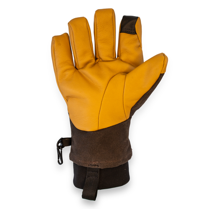 A single leather glove shown open against a plain white background, with a leather palm and back, dark brown reinforced sections, and a black wrist strap with a small black clip.