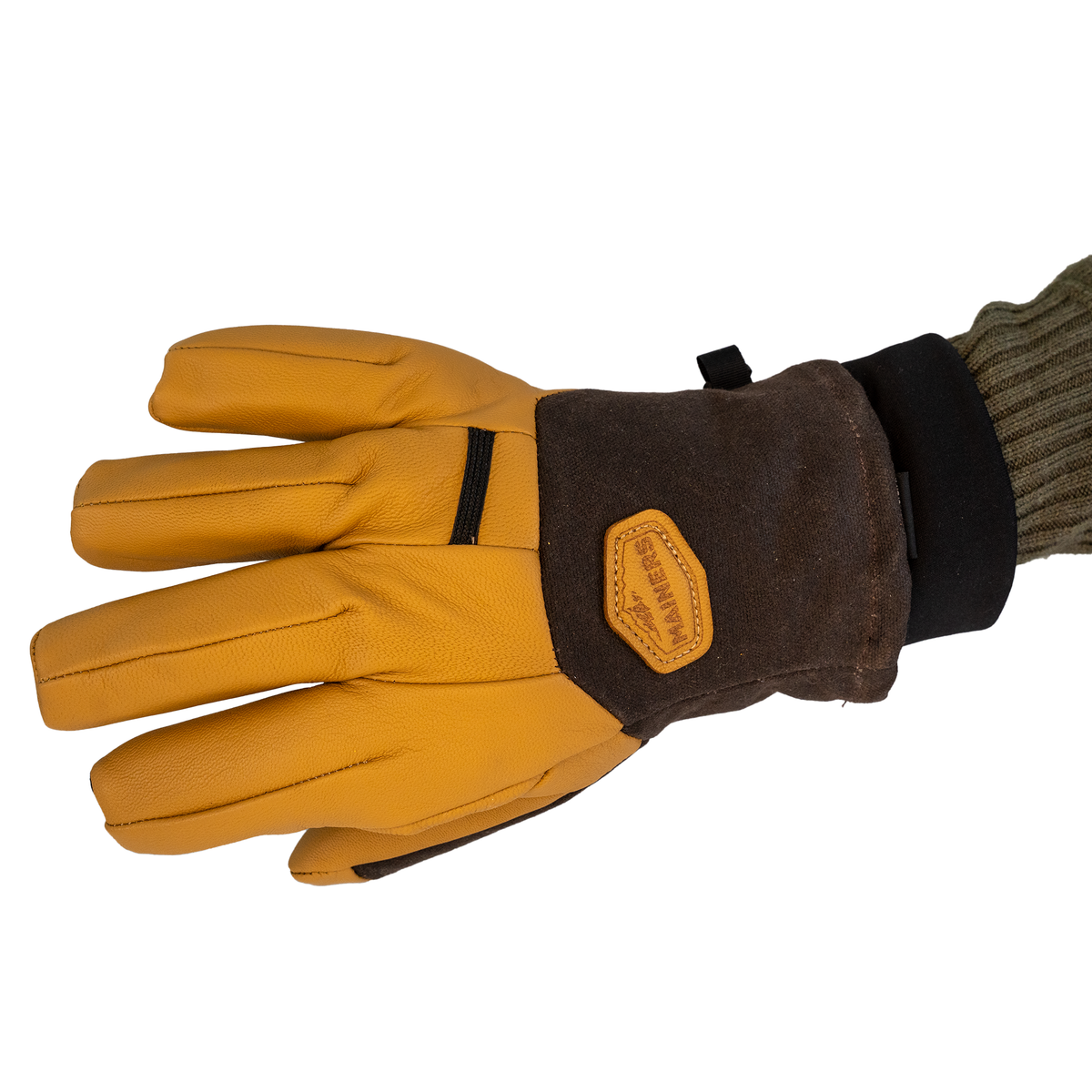A single winter glove shown on a hand, featuring a leather palm and fingers, a dark brown waxed canvas backhand, and a black cuff, with a small tan brand patch on the back.